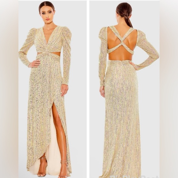 Mac Duggal Metallic Puff Sleeve Front Twist Cut Out Gold Gown Sz 6 - Picture 1 of 5